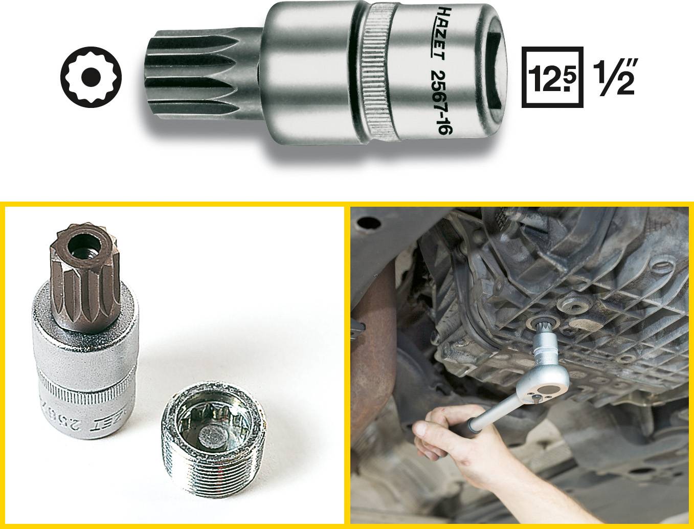 Illustrazione di una chiave a bussola Hazet con attacco da 12,5 mm (1/2 pollice) e profilo esagonale a 16 lati, utilizzata per lavori sul cambio dell'automobile.