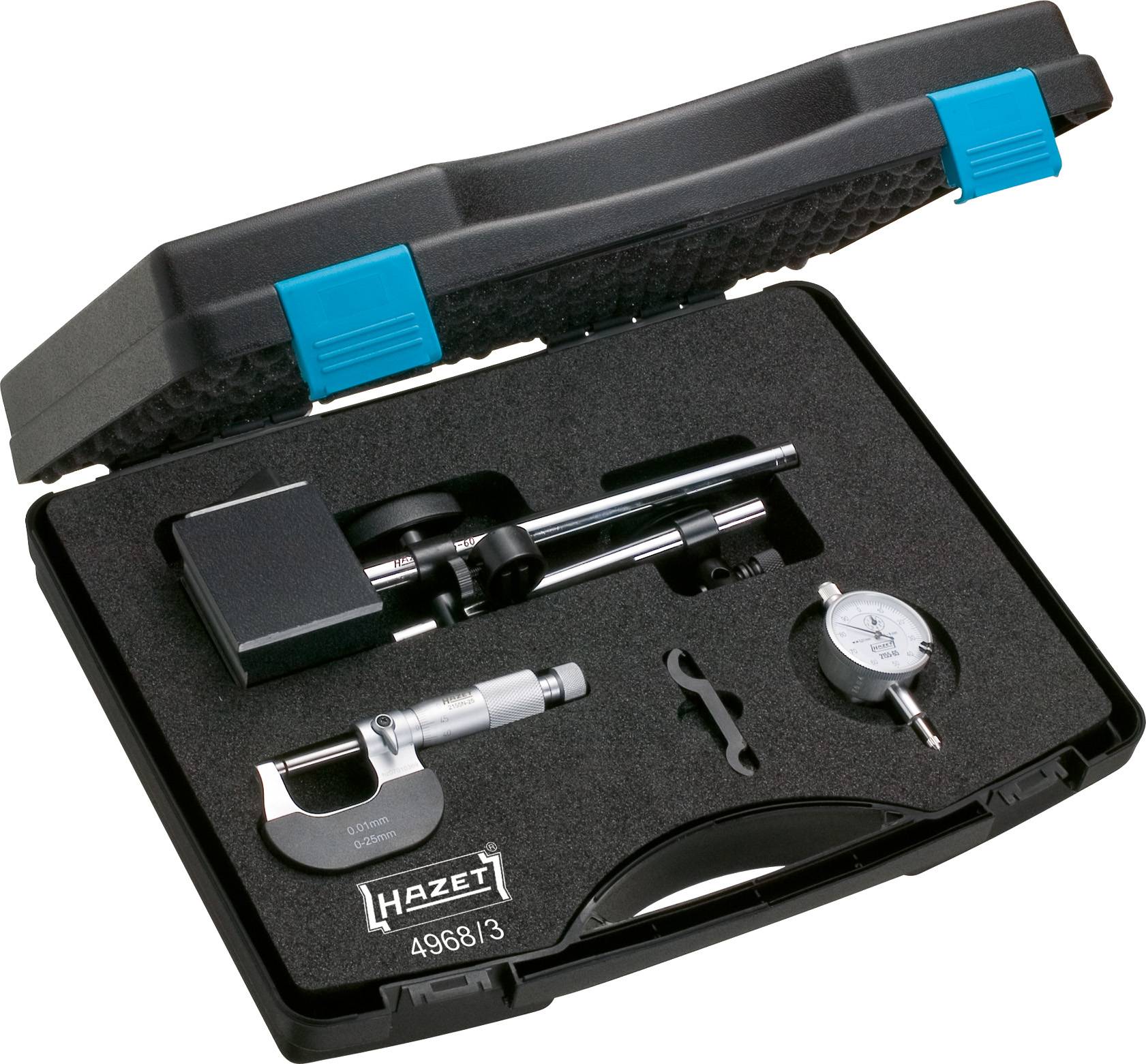 Micrometri in una custodia nera con imbottitura in schiuma. Contiene strumenti di precisione come calibro e strumento di misurazione.