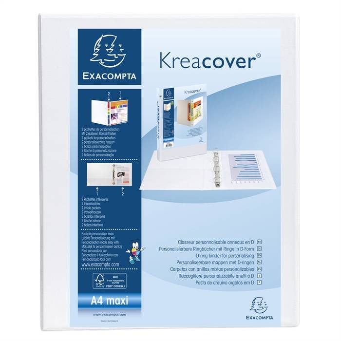 Raccoglitore personalizzabile Exacompta A4 maxi Kreacover® bianco 4 anelli a D 25 mm - 51946E-0