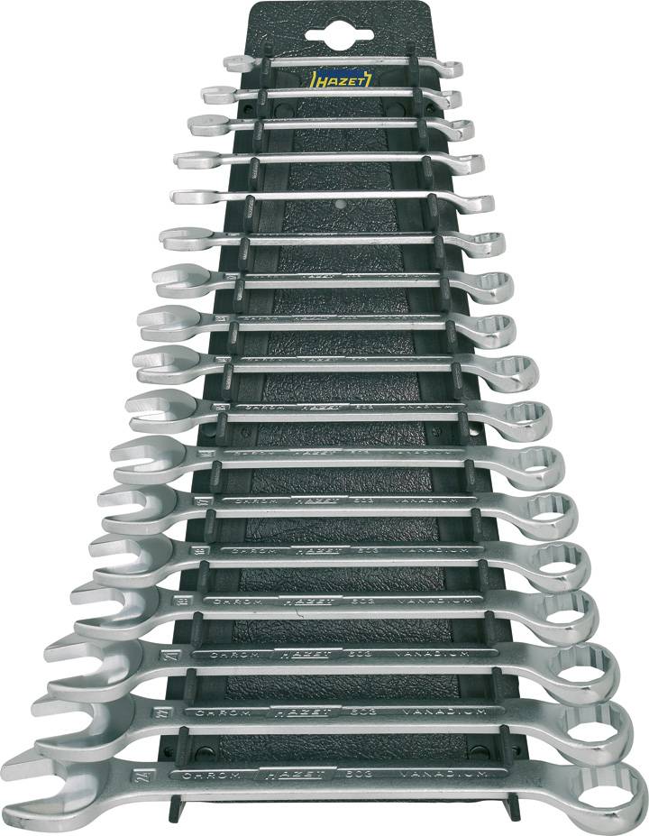 Un set di 12 chiavi inglesi, ordinate per dimensione, in un supporto nero. In alto è visibile il logo del marchio.