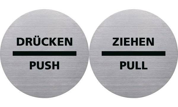 helit Piktogramm "ZIEHEN/PULL", Durchmesser: 115 m, silber selbstklebend, aus Edelstahl mit schwarzem Aufdruck, - 1 Stüc-1