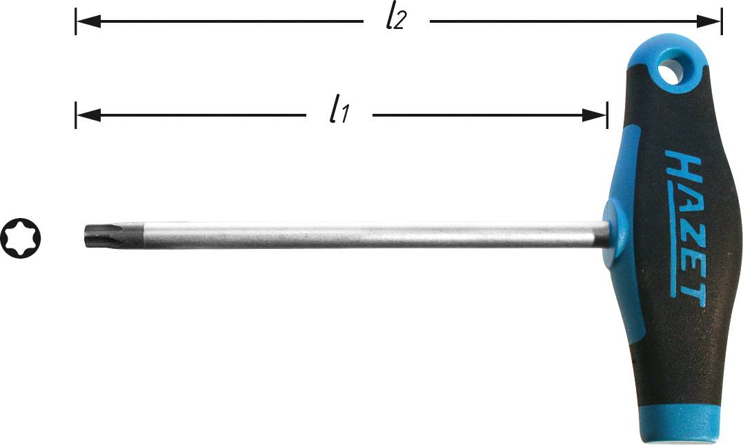 Cacciavite Torx con impugnatura a T di HAZET. Misure l1 e l2 illustrate a sinistra per la lunghezza dell'asta e la lunghezza totale.