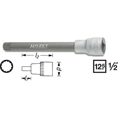 Chiave a bussola Hazet, design Torx, 12,5 mm (1/2 pollice), illustrazioni di simboli di lunghezza e impugnatura. Adatta per impieghi utensili precisi.