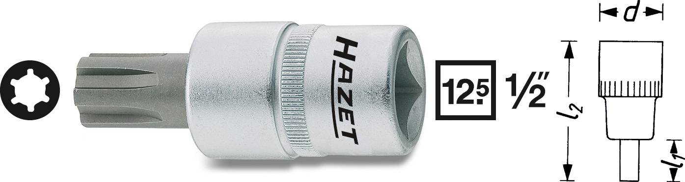 Inserto per chiave a bussola per viti Torx di 'Hazet', con indicazioni di dimensione 12,5 e 1/2, corredate da disegni tecnici per il dimensionamento.