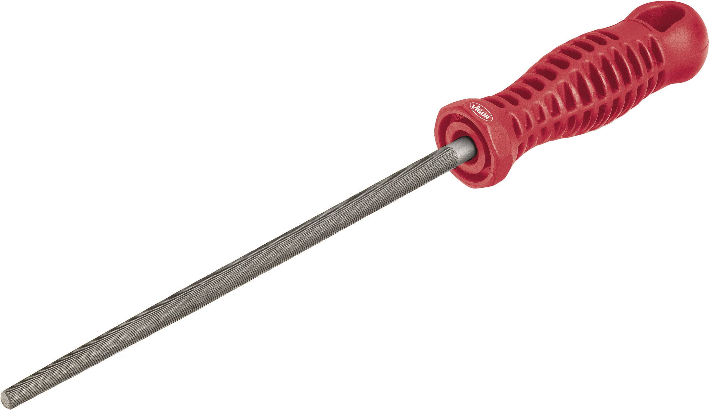 Lima tonda con impugnatura rossa ergonomica. Adatta per la lavorazione dei metalli o l'affilatura di utensili.