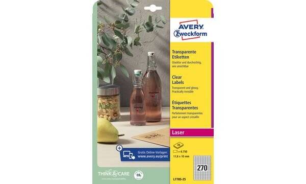 Avery L7784 - Permanent selbstklebende Polyesteretiketten, glänzend - klar - A4 (210 x 297 mm) - 25 Etikett(en) (25 Boge-0