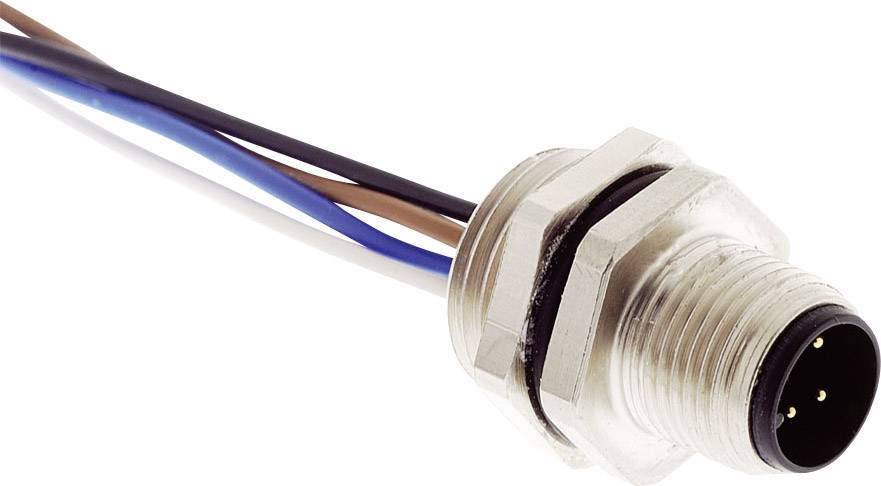 Connettore cilindrico metallico a quattro pin, circondato da cavi neri e blu. Comunemente utilizzato in applicazioni elettroniche.