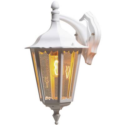 Applique da esterno vintage bianca con lampadina a vista, che emana una luce calda, ideale per illuminare aree di ingresso.