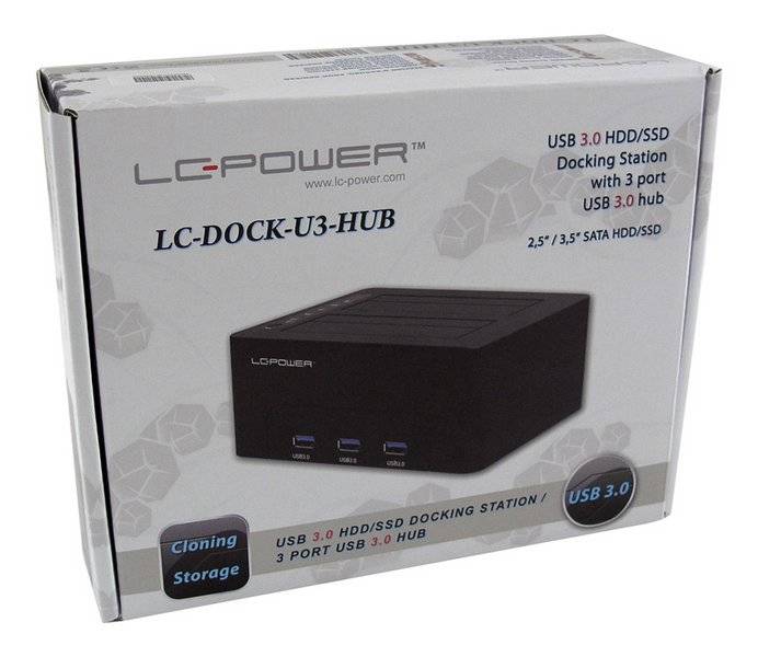 LC Power LC-DOCK-U3-HUB - HDD-Dockingstation mit Netzanzeige, 3-Port-USB-Hub, Ein/Aus-Schalter, Klon-Funktion Schächte:-1