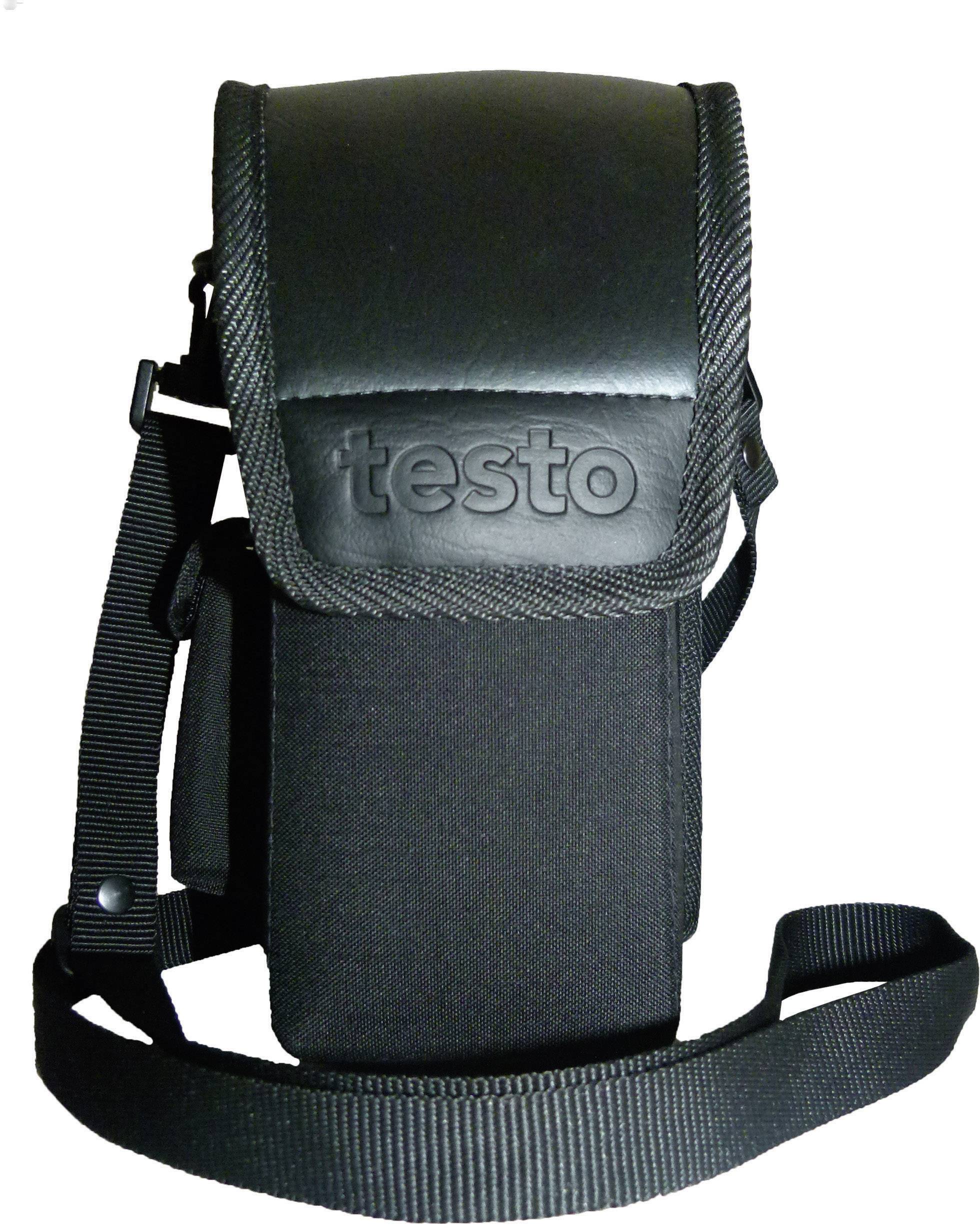Borsa di tela nera con cinghie a tracolla, stampata con 'testo'. Adatta al trasporto di strumenti di misurazione o piccoli dispositivi.