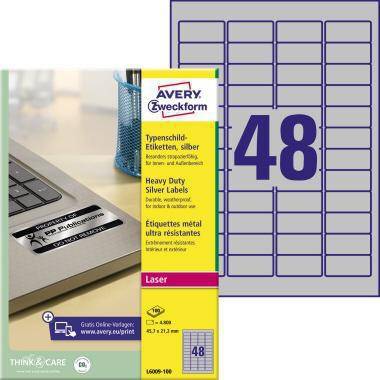Etichette permanenti poliestere argento Avery 45,7x21,2 mm - 48 et/foglio - laser monocolore conf. 100 ff L6009-100-0