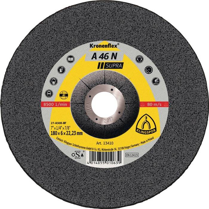 Klingspor 13410 A 46 N Supra Disco di sgrossatura con centro depresso Diametro 180 mm Ø foro 22.23 mm Alluminio 10.00 pz.