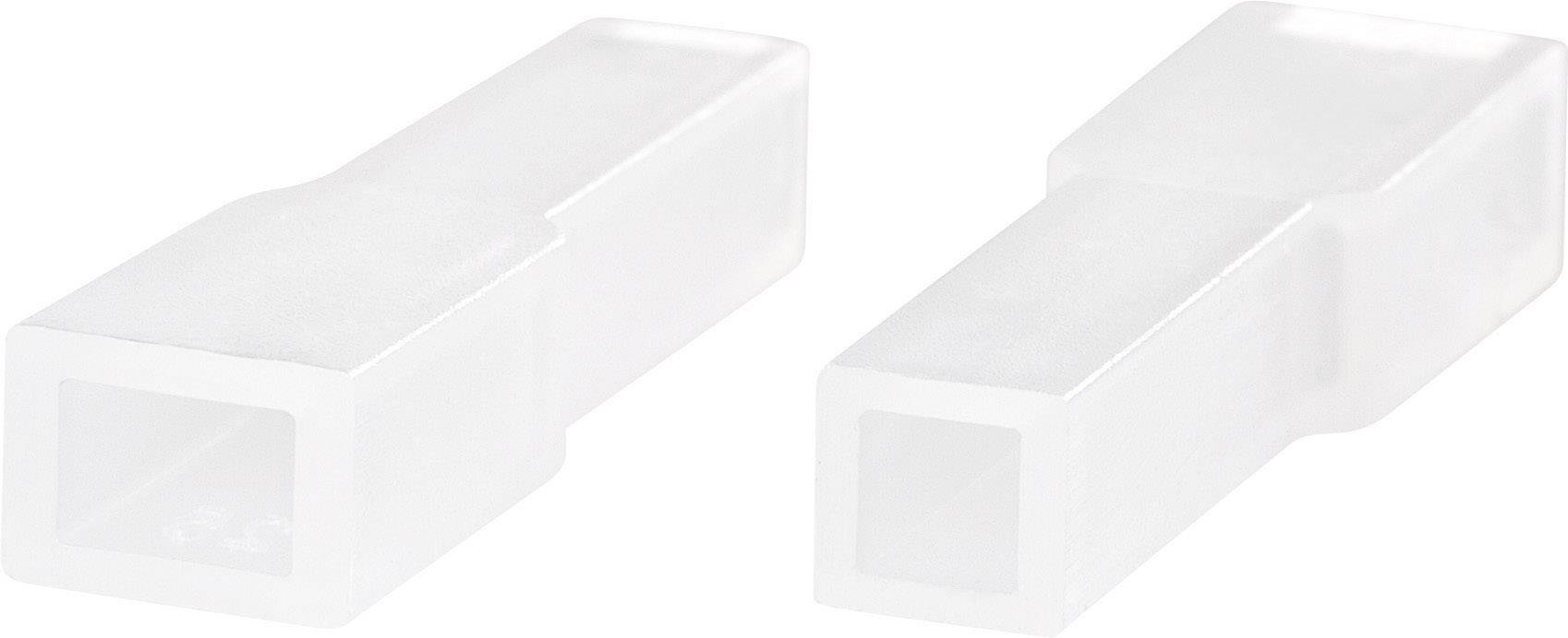 Due connettori in plastica trasparente disposti uno accanto all'altro, realizzati in forma rettangolare. Sembrano identici e simmetrici.