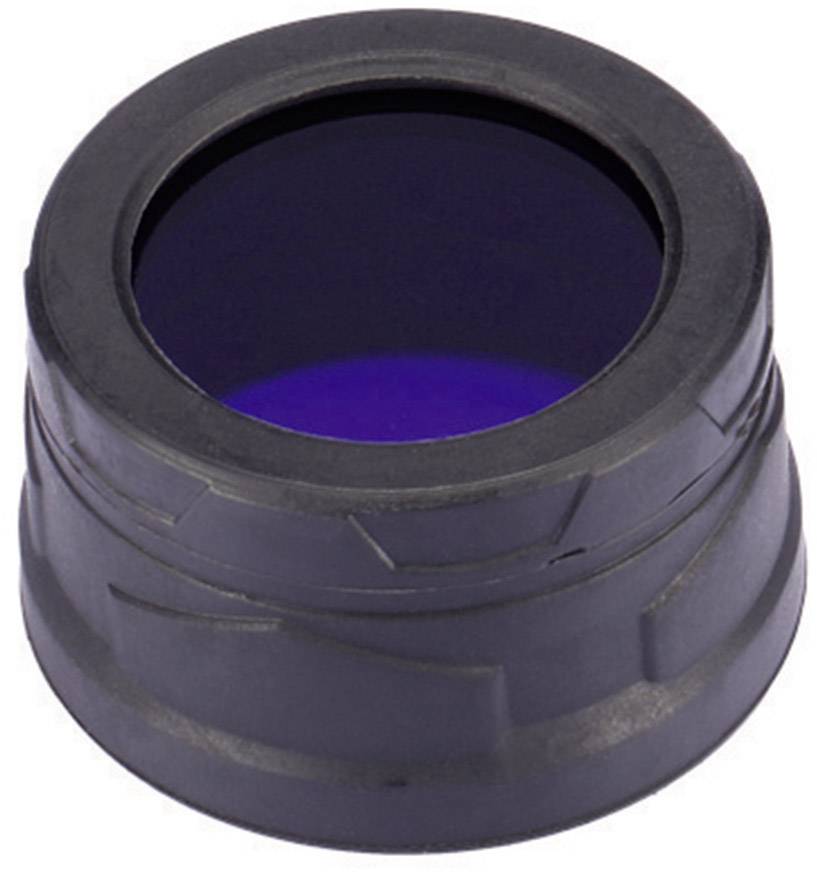 Un adattatore cilindrico nero con un filtro blu nel mezzo, probabilmente per dispositivi ottici o obiettivi fotografici.