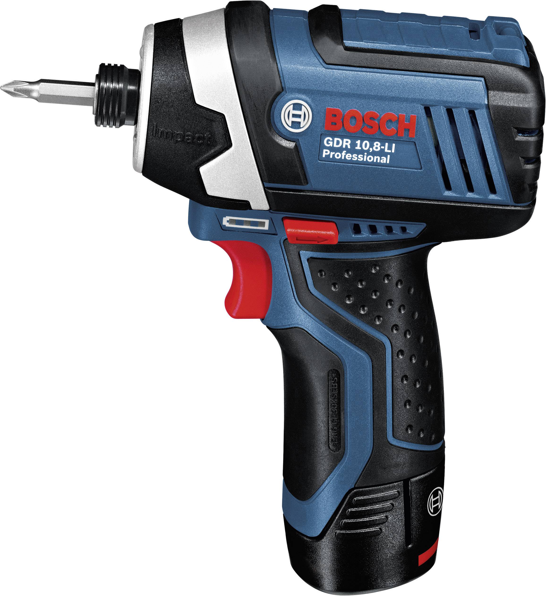 Un avvitatore a impulsi a batteria blu di Bosch, modello GDR 10,8-LI Professional, con accento rosso, adatto a lavori artigianali.
