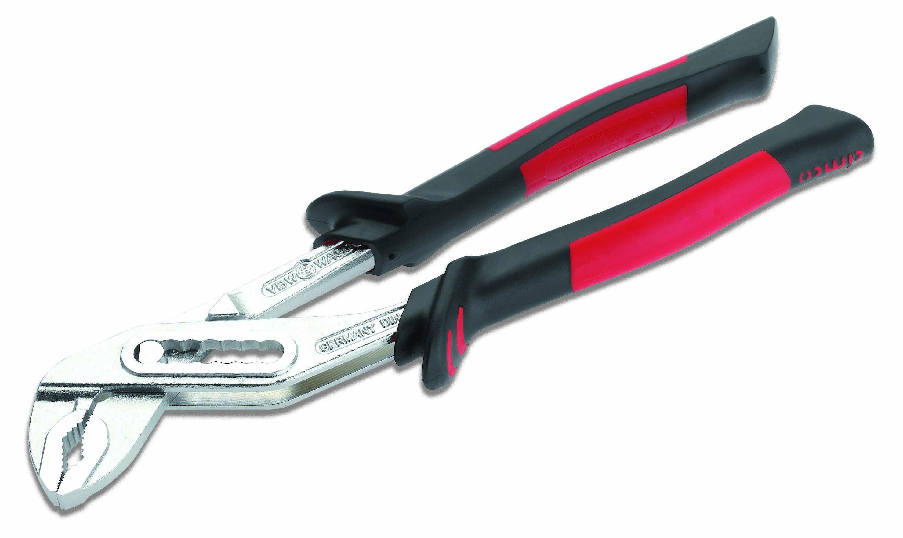 Un paio di pinze regolabili per pompa idraulica di colore rosso e nero, con ganasce mobili, poggiate su uno sfondo bianco. Adatte per afferrare e ruotare.