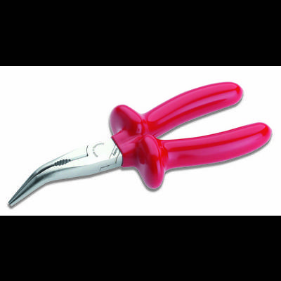 Pinza a becchi stretti, curva, con punte metalliche e impugnatura ergonomica, adatta per lavori di precisione in aree difficilmente raggiungibili.
