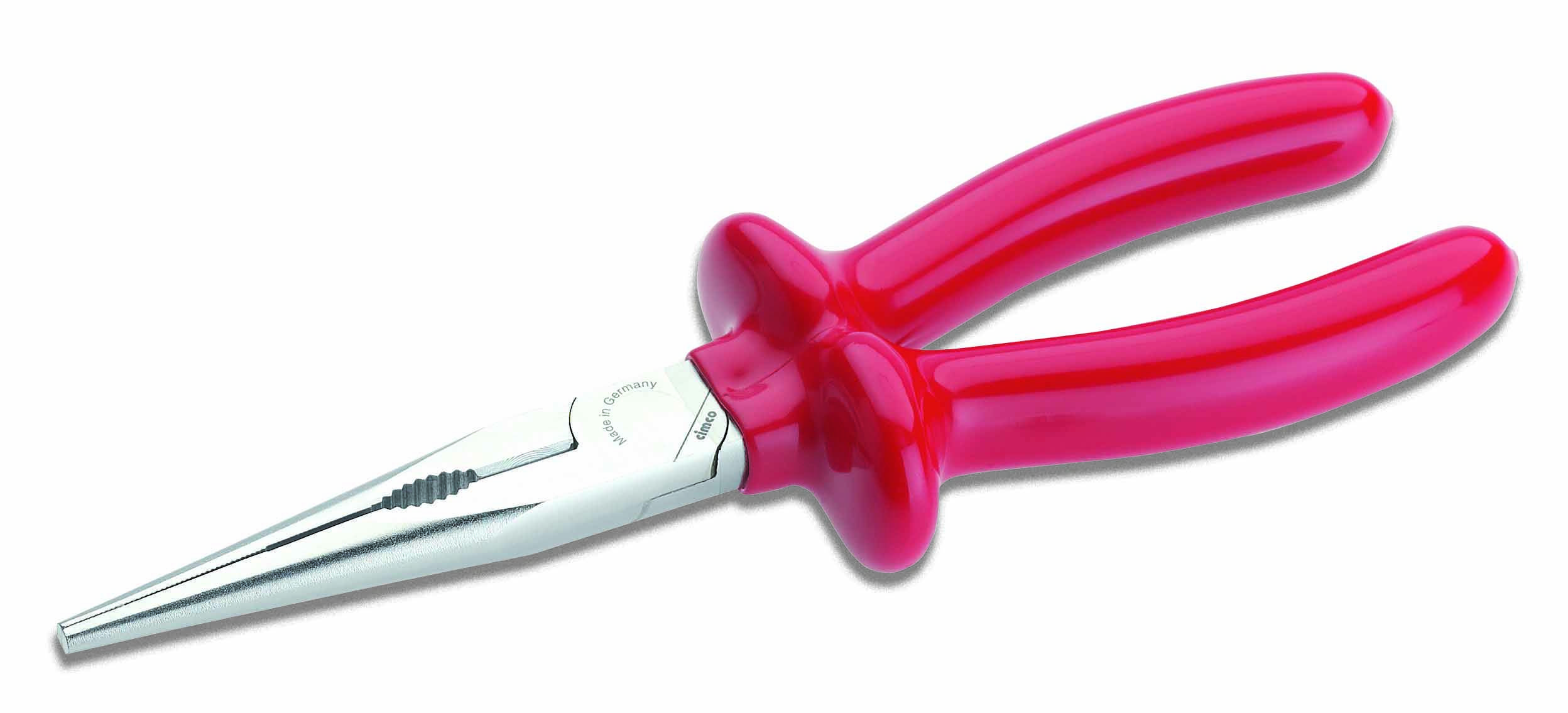 Pinza a becco sottile con manico rosso, adatta per lavori di precisione e punti difficilmente raggiungibili.