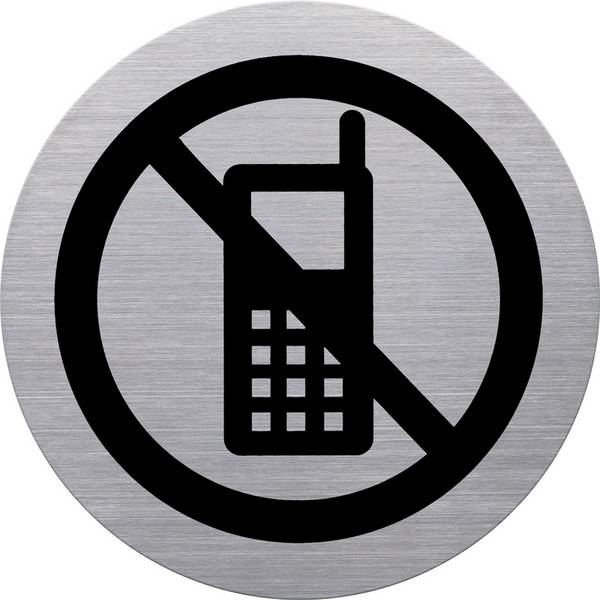 helit Piktogramm "Handy verboten", Durchmesser: 115 m silber, selbstklebend, aus Edelstahl mit schwarzem Aufdruck, - 1 S