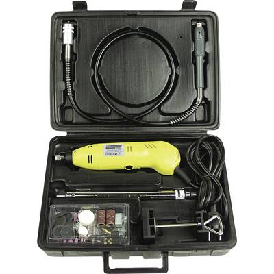 Un set di utensili elettrici gialli in una valigetta nera, che include trapano, accessori, cavo e punte, per lavori fai-da-te.