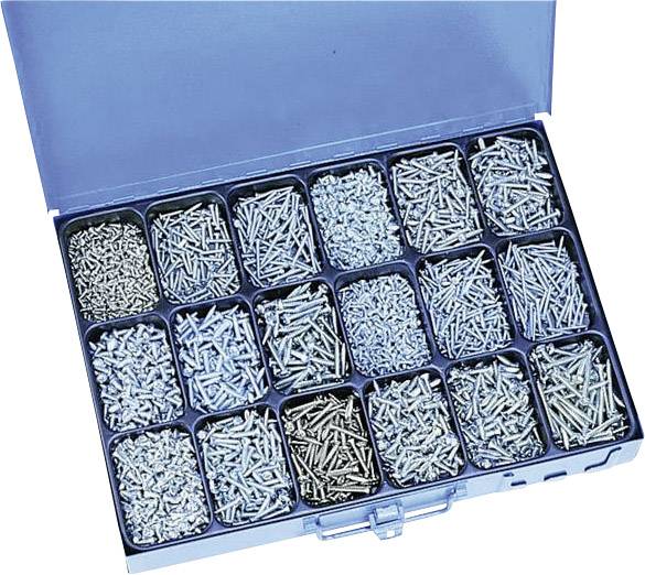 Contenitori metallici con scomparti aperti, riempiti con diversi tipi di viti.