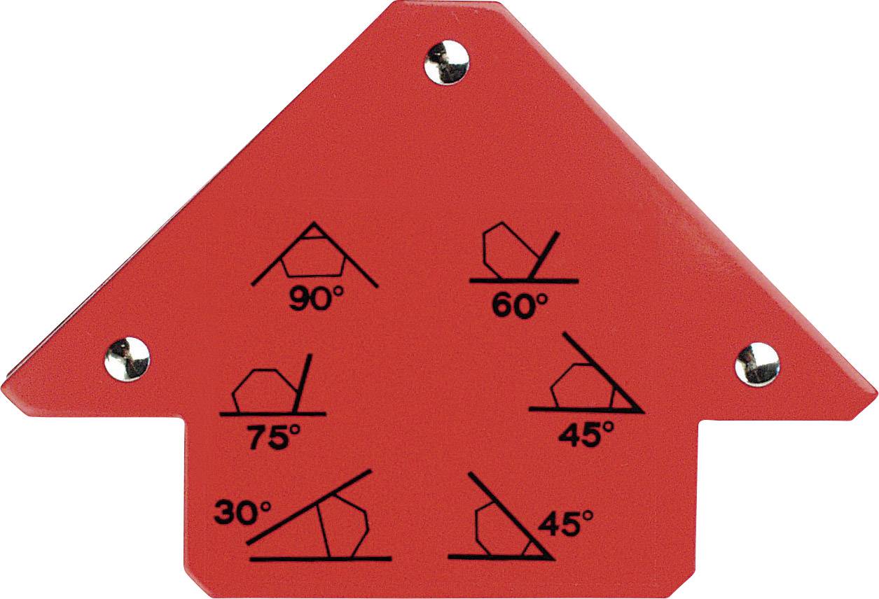 Strumento angolare rosso con diagrammi indicatori di angoli: 90°, 75°, 60°, 45° e 30°, ciascuno rappresentato con linee d'ombra.