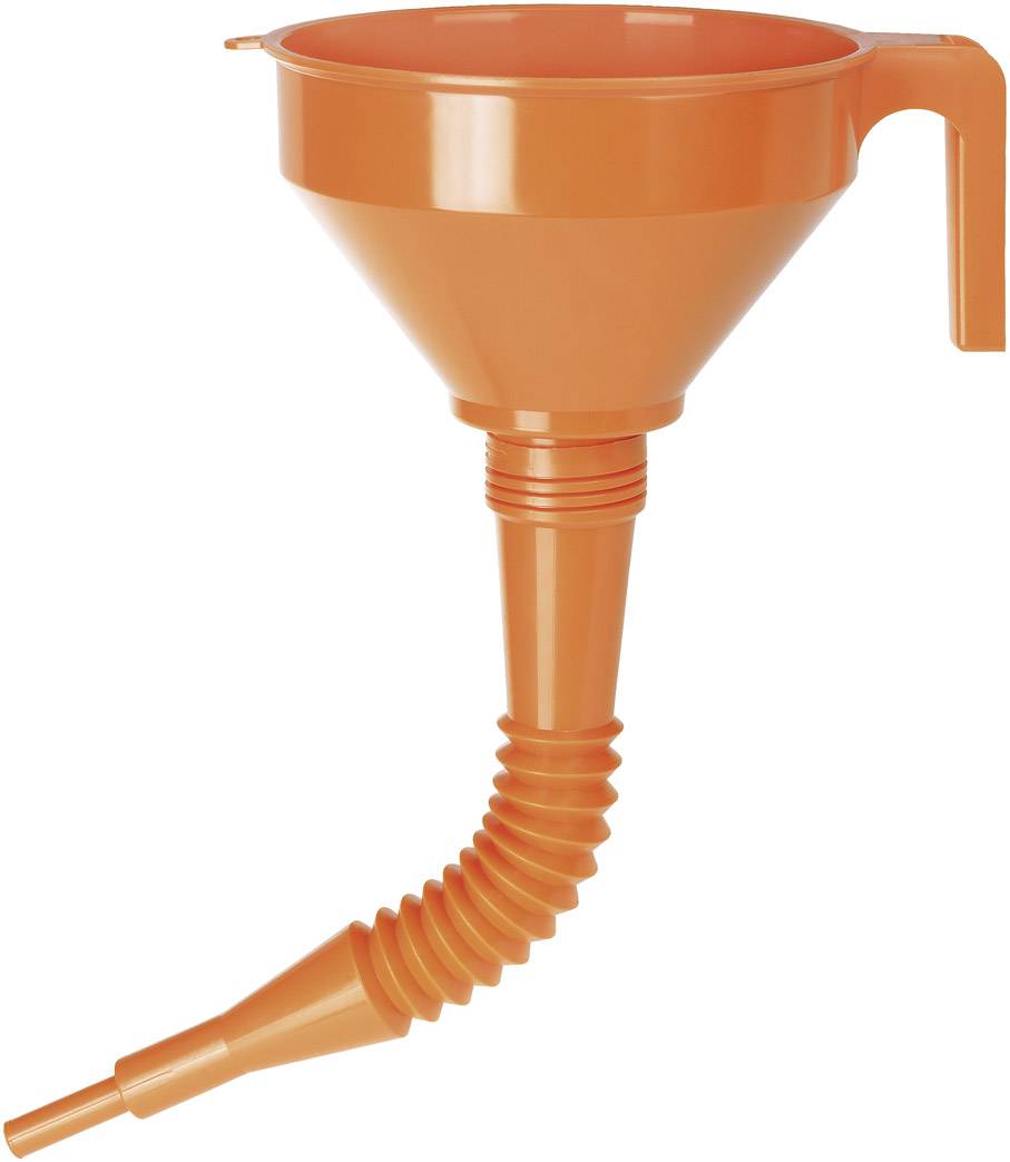 Imbuto in plastica arancione con beccuccio flessibile ed estensibile e impugnatura ergonomica, idoneo per il riempimento preciso di liquidi.