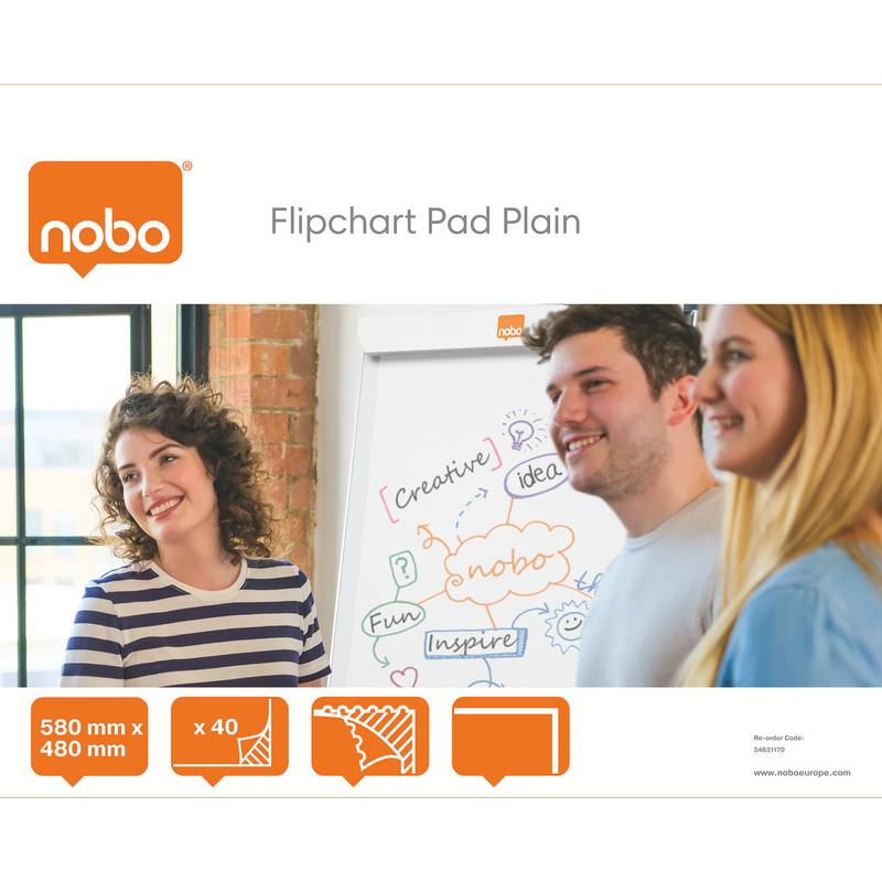 NOBO Flipchart-Block, Format: DIN B1 (B)584 x (H)483 mm blanko, weiß, 70 g-qm, 40 Blatt, für Tisch-Flipchart (34631170)-0