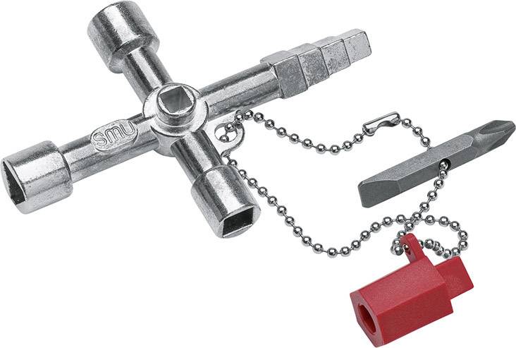 Un utensile quadrato d'argento con attacco per catena e adattatore rosso. Utilizzato per aprire chiusure tecniche.