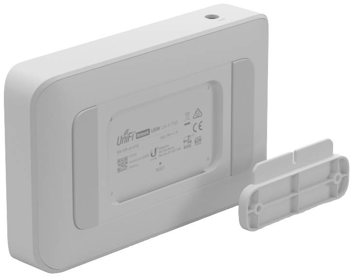 Un dispositivo bianco e rettangolare di UniFi con un pannello posteriore rimovibile, che riporta specifiche tecniche e il logo del marchio.