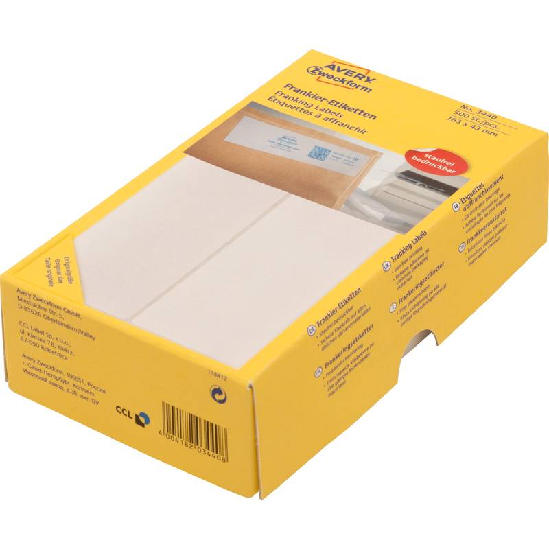 Avery Franking Labels - Frankieretiketten, permanent - weiß - 128 x 38 mm - 500 Etikett(en) (250 Bogen x 2) (3441)-0