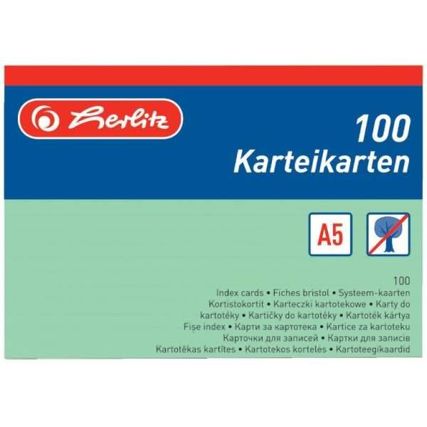 herlitz Karteikarten, DIN A5, liniert, grün aus Papier, 170 g-qm, holzfrei, Linienfarbe: blau, doppelte (1150556)-0