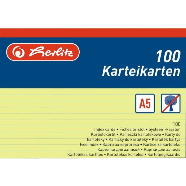 herlitz Karteikarten, DIN A5, liniert, gelb aus Papier, 170 g-qm, holzfrei, Linienfarbe: blau, doppelte (1150515)