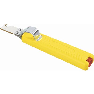 Attrezzo universale giallo con lama curva in metallo e impugnatura in plastica, utilizzato per aprire scatole o cartoni.