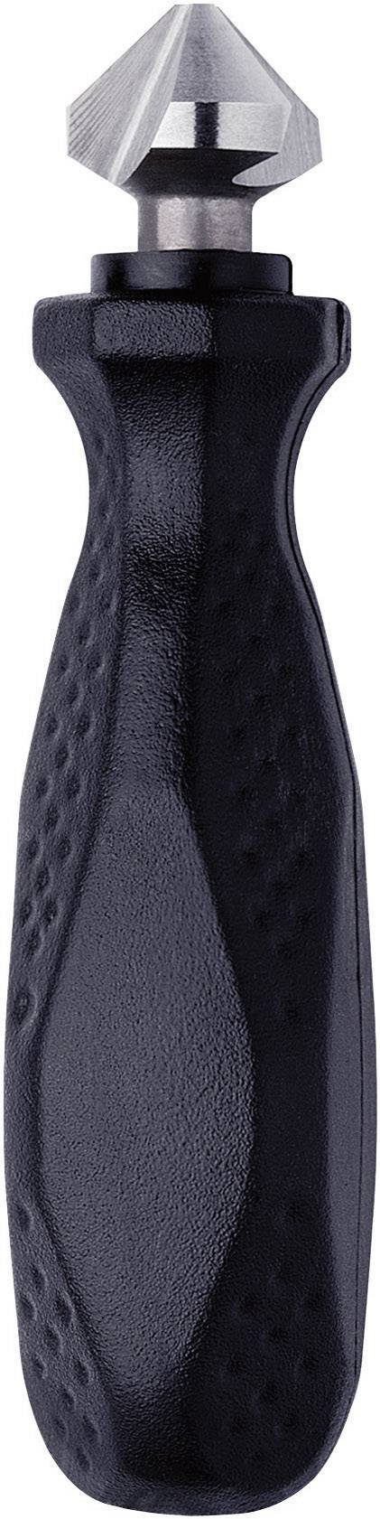 Un attrezzo nero con un manico strutturato e un'estremità metallica a forma di cono. Adatto per lavori manuali di precisione.