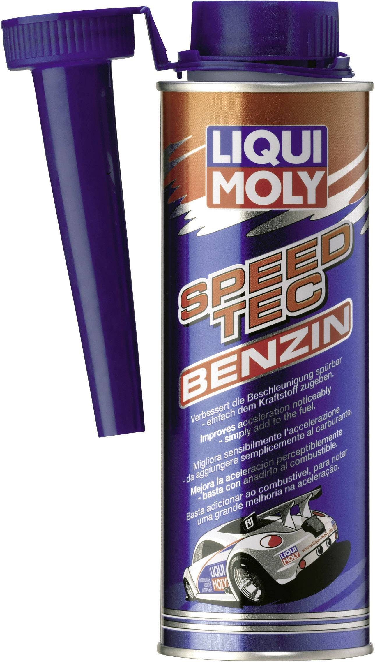 Un contenitore metallico con coperchio viola e la scritta stampata 'LIQUI MOLY SPEED TEC BENZIN'. Promette miglioramento delle prestazioni e pulizia del motore.