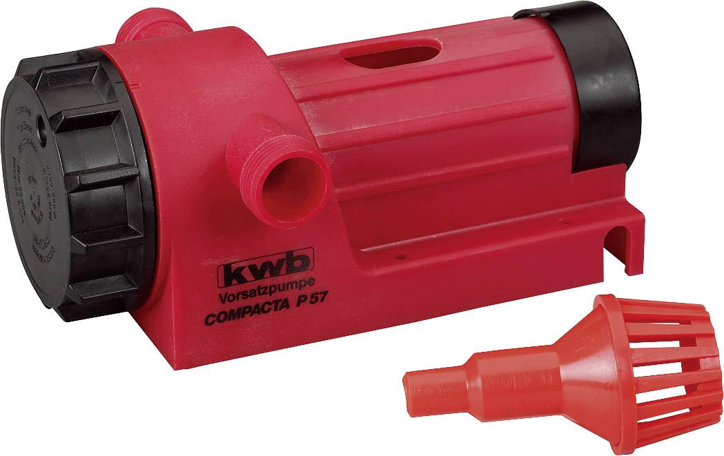 Pompa di alimentazione rossa con due attacchi e logo nero-bianco 'KWB'. Scritta 'COMPACTA P57'. Contiene un filtro di aspirazione rosso.
