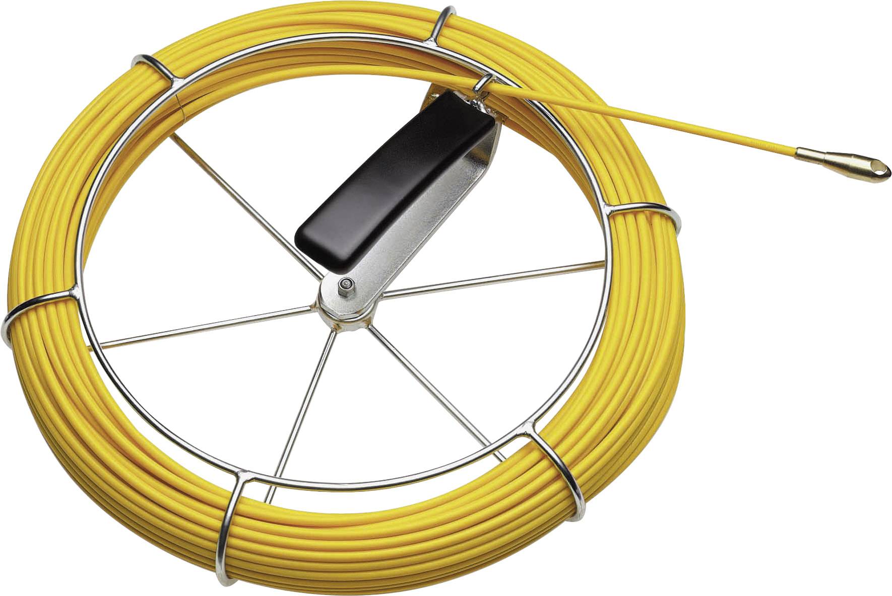 Nastro guida in fibra di vetro giallo montato su telaio metallico, utilizzato per far passare cavi attraverso tubi o spazi ristretti.