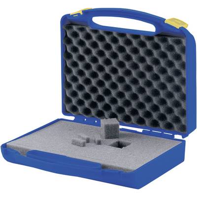 Valigia blu con coperchio aperto. All'interno schiuma grigia con cavità, adatta al trasporto sicuro di oggetti delicati.