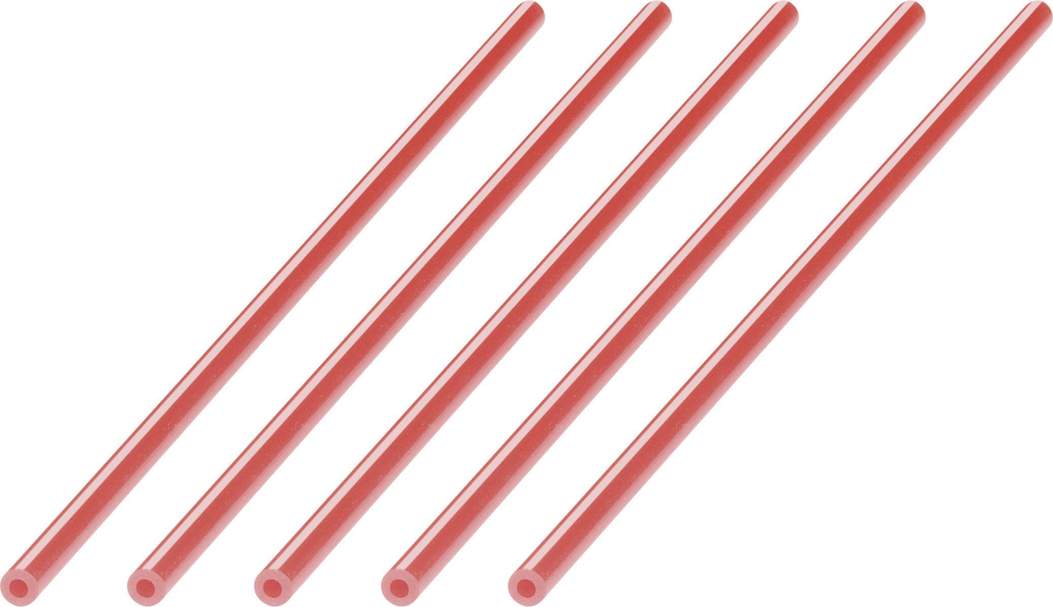 Cinque cannucce di plastica rosse sono disposte parallelamente su uno sfondo bianco.