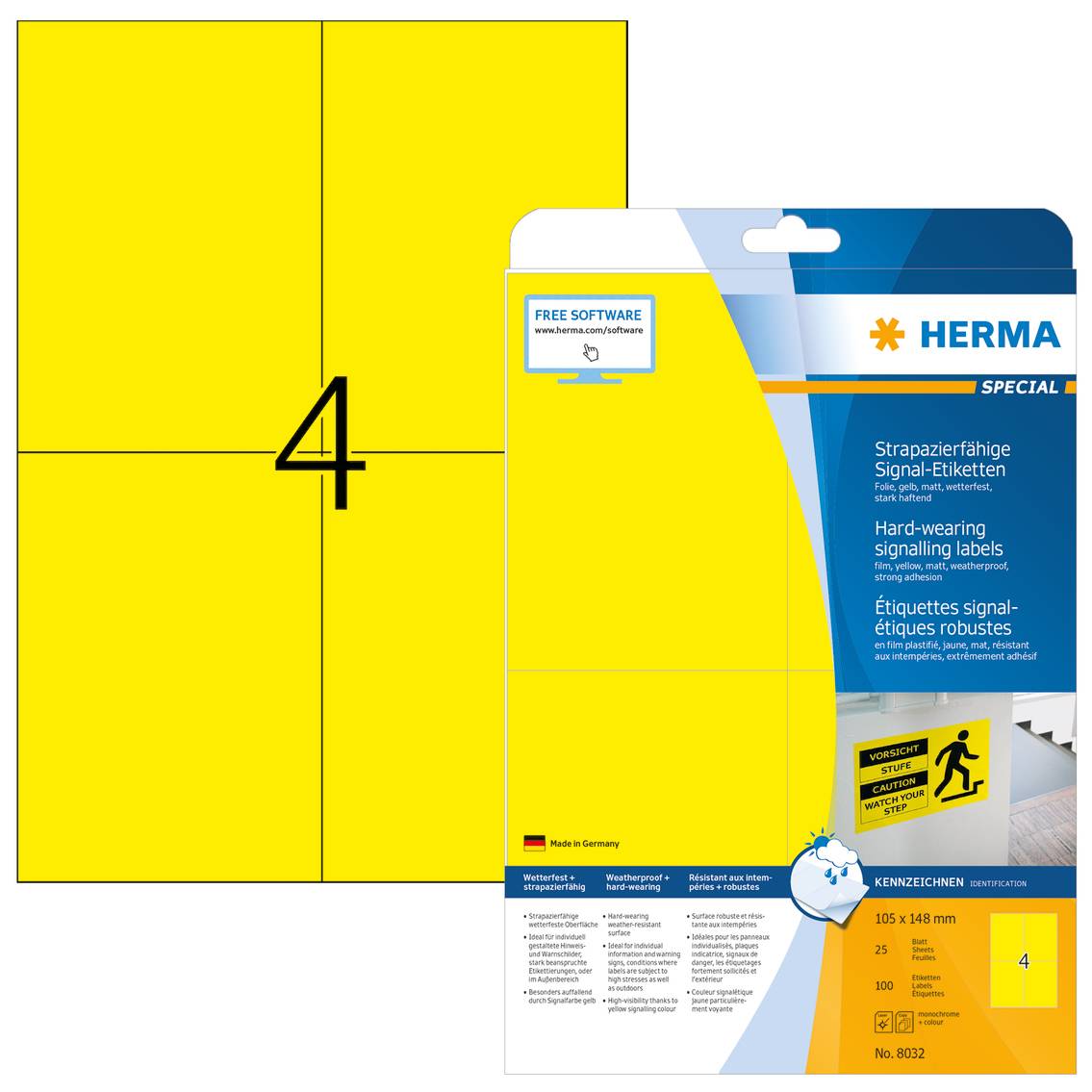 HERMA Special - Selbstklebende, wetterbeständige, matte Folienetiketten für den Außenbereich - Gelb - 105 x 148 mm 100 E-4