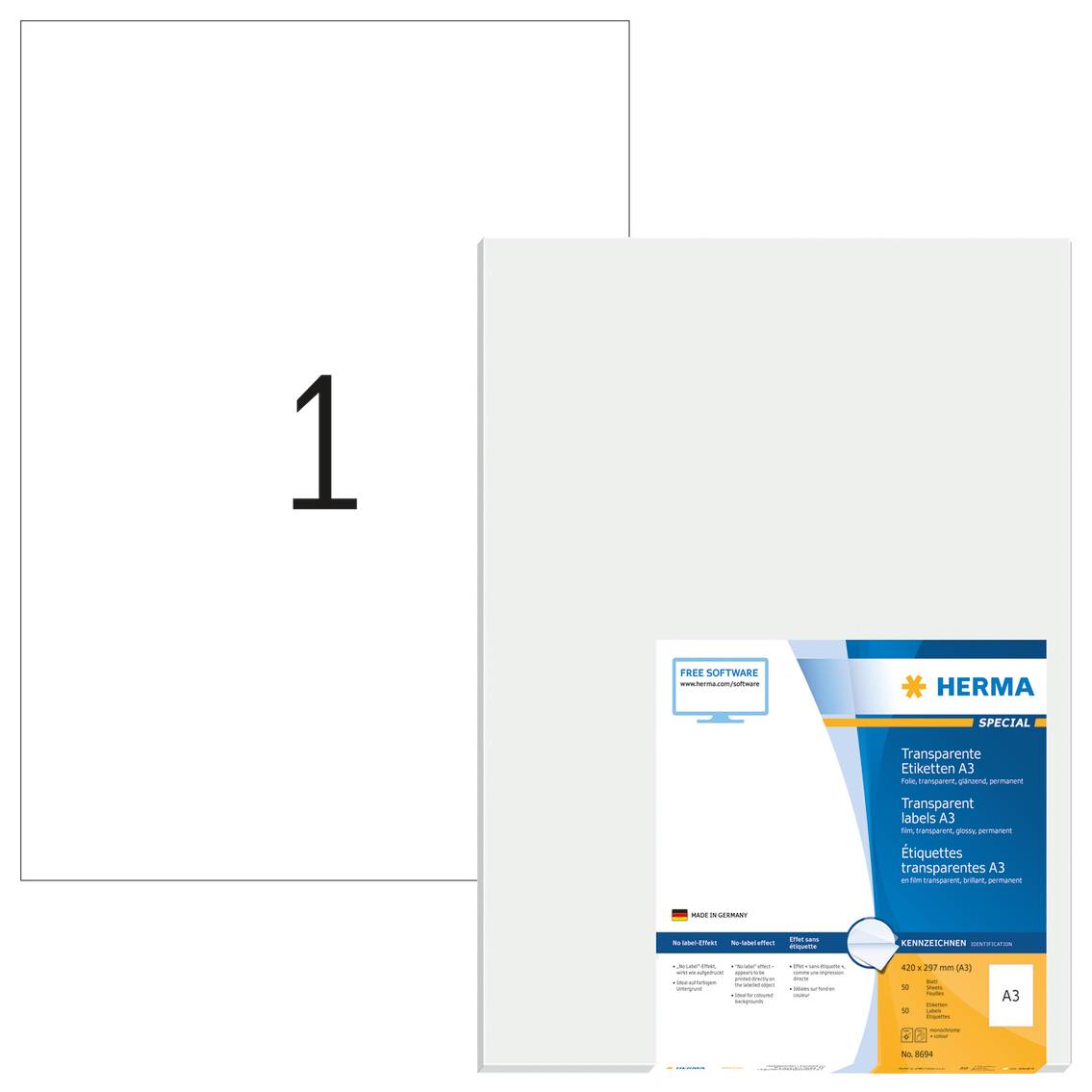 HERMA SuperPrint - Selbstklebende Folienetiketten - durchsichtig - A3 (297 x 420 mm) - 50 Stck. (50 Bogen x 1) (8694)-3