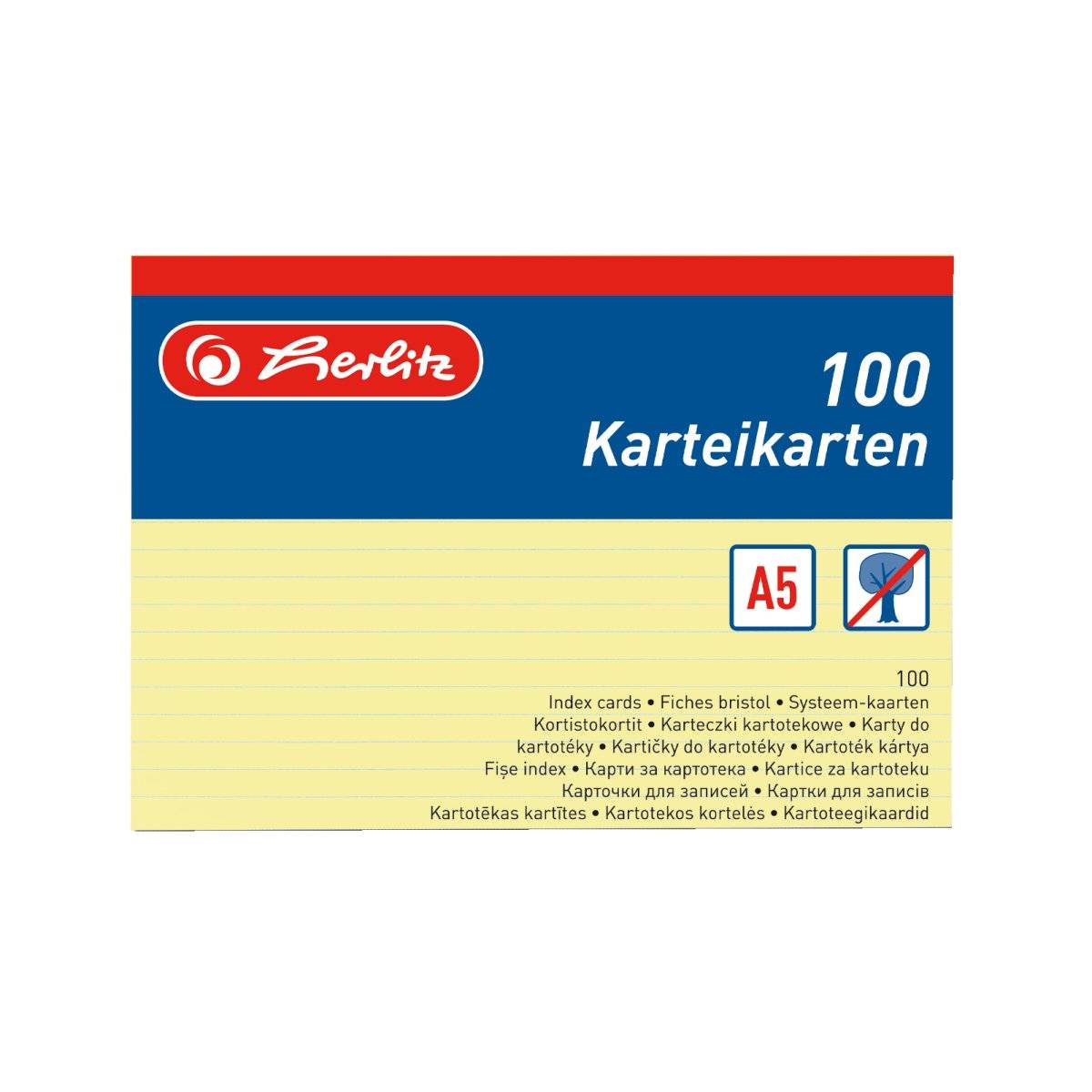 herlitz Karteikarten, DIN A5, liniert, gelb aus Papier, 170 g-qm, holzfrei, Linienfarbe: blau, doppelte (1150515)-2