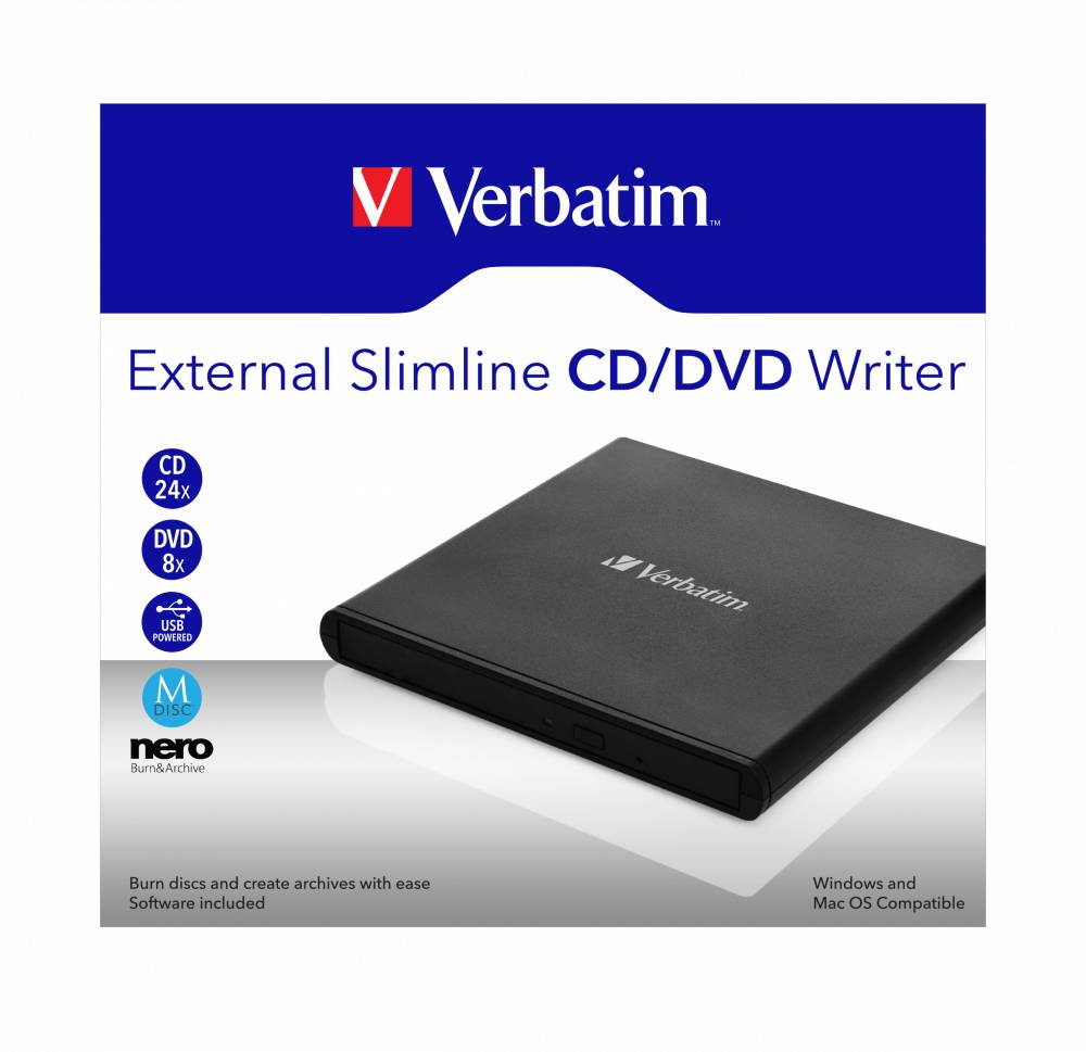 Registratore DVD Verbatim, USB 2.0, 8x/6x/24x, Slimline portatile, nero, M-DISC, vendita al dettaglio-4