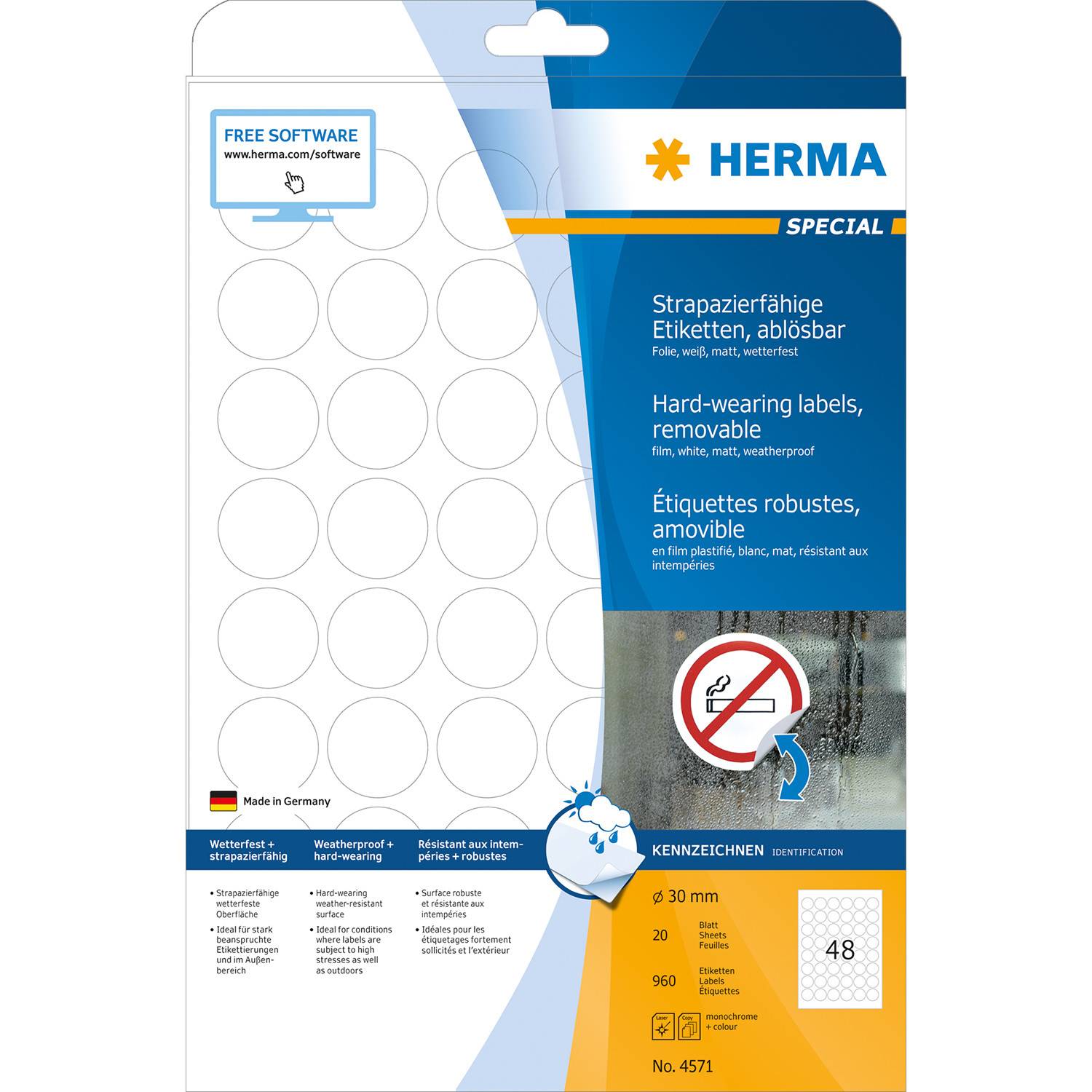 HERMA Special - Outdoor self-adhesive removable matte film labels - weiß - 30 mm rund 960 Etikett(en) (20 Bogen x 48) (D-1