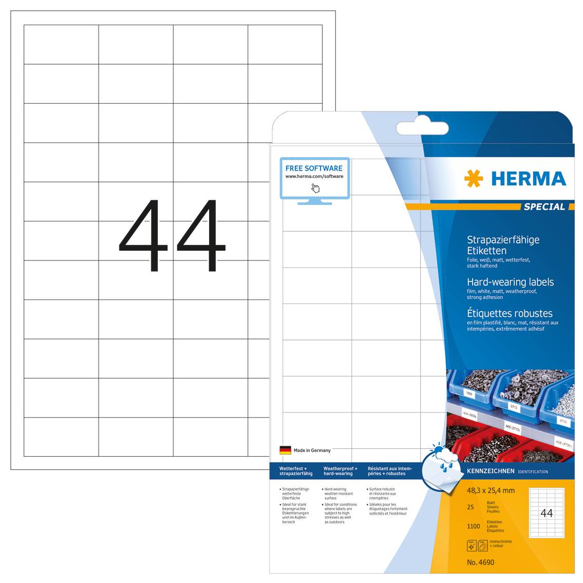 HERMA Special - Permanent selbstklebende, matte Folienetiketten - weiß - 48,3 x 25,4 mm - 1100 Etikett(en) (25 Bogen x 4-3