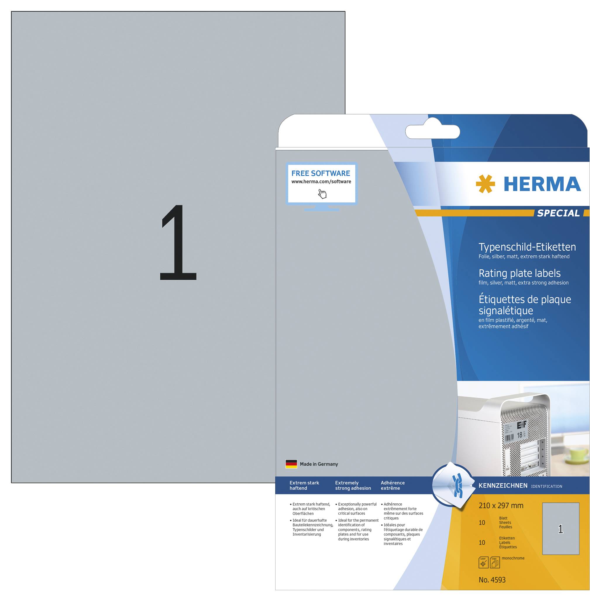 HERMA Typenschild-Etiketten SPECIAL, 210 x 297 mm, silber Polyesterfolie, extrem stark haftend, matt, wetterfest, - 1 St-1