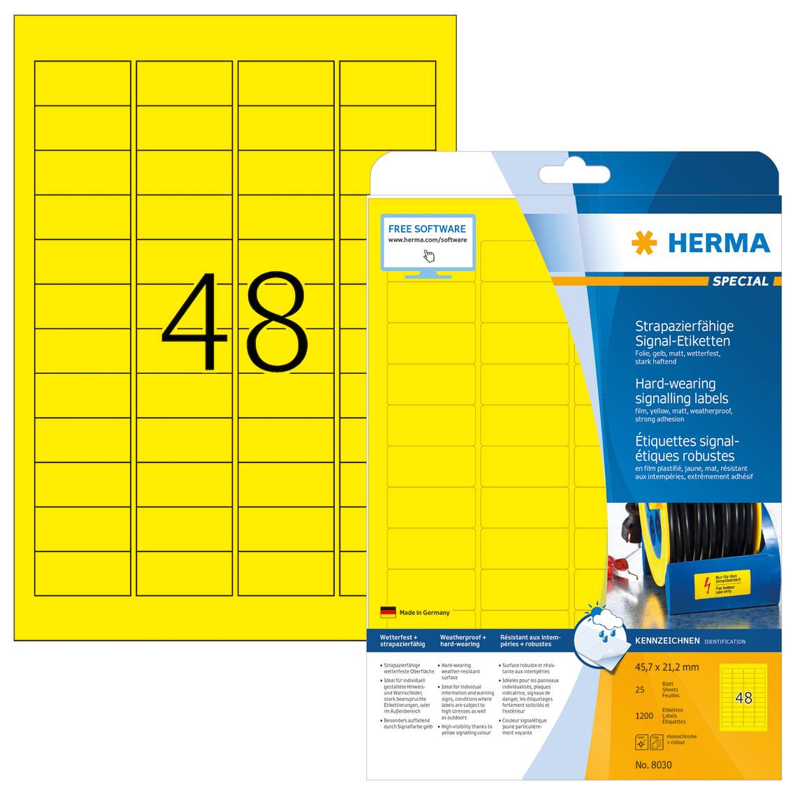 HERMA Special - Selbstklebende matte Folienetiketten - Gelb - 21,2 x 45,7 mm 1200 Stck. (25 Bogen x 48) (8030)-3
