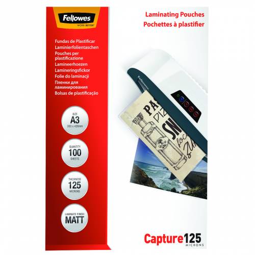 Pouches per plastificatrici Fellowes Standard Capture125 finitura opaca - 2x125 µm - A3 - Conf. 100 pezzi 5328601-0