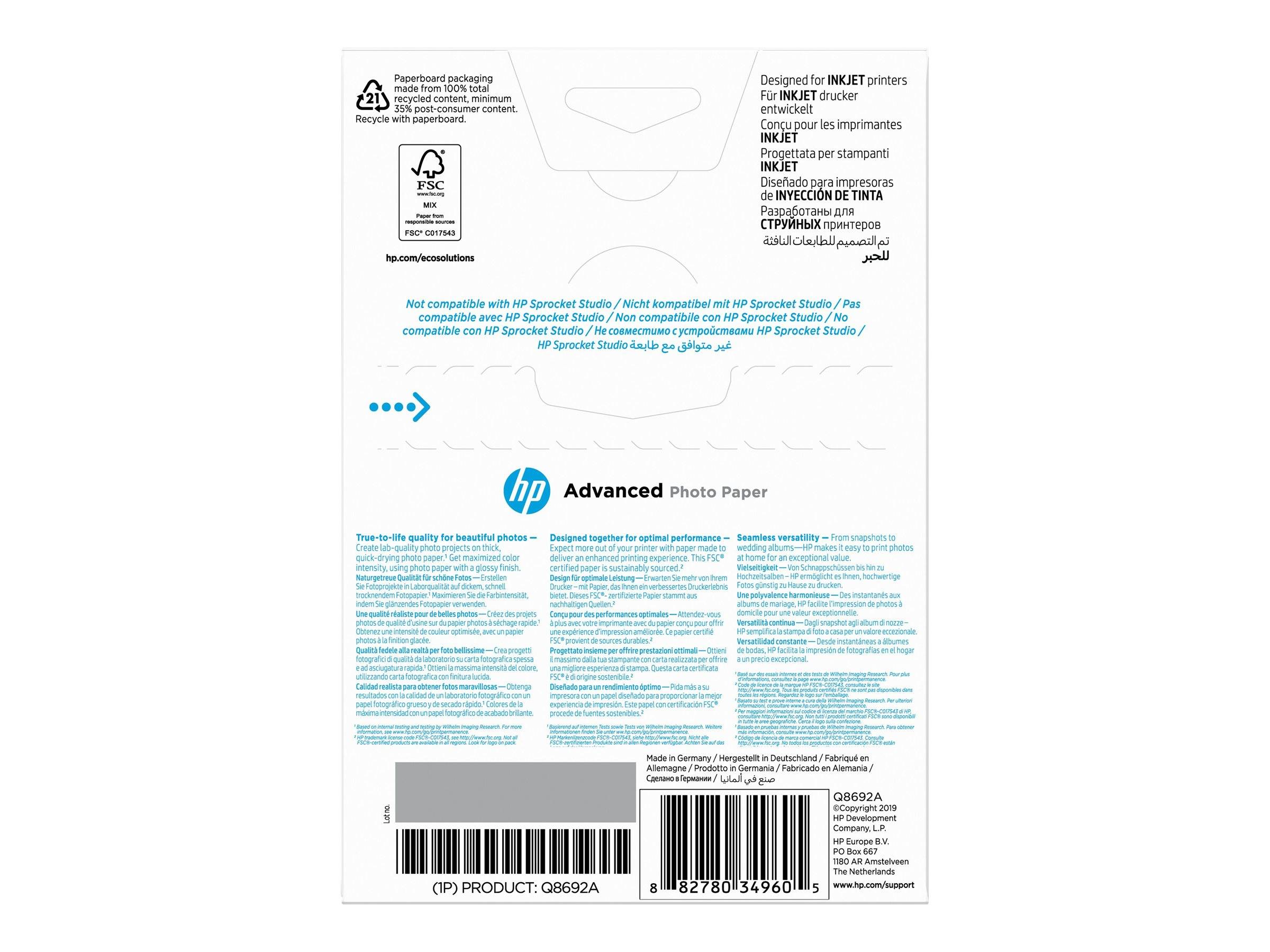 HP Confezione da 100 fogli carta fotografica lucida 10 x 15 cm senza margini Advanced-2